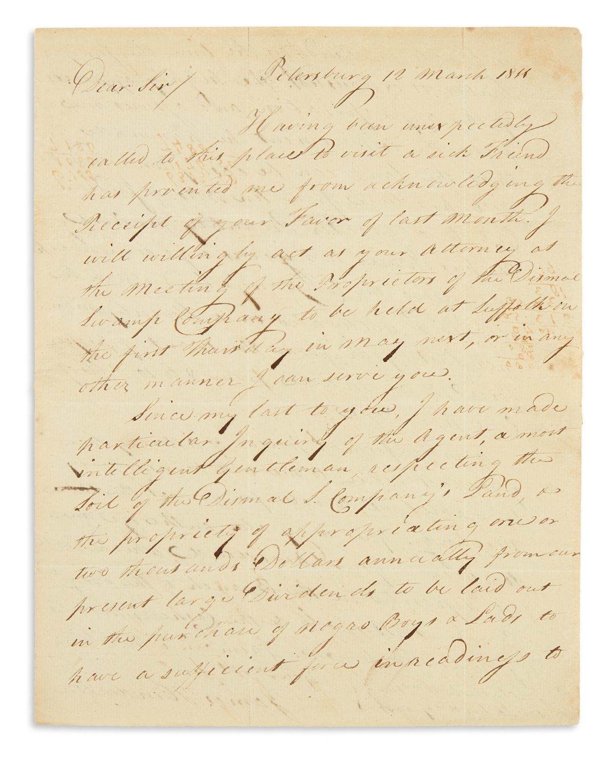(SLAVERY AND ABOLITION.) Henderson, James. Letter to George Washingtons nephew regarding the purchase of slaves.